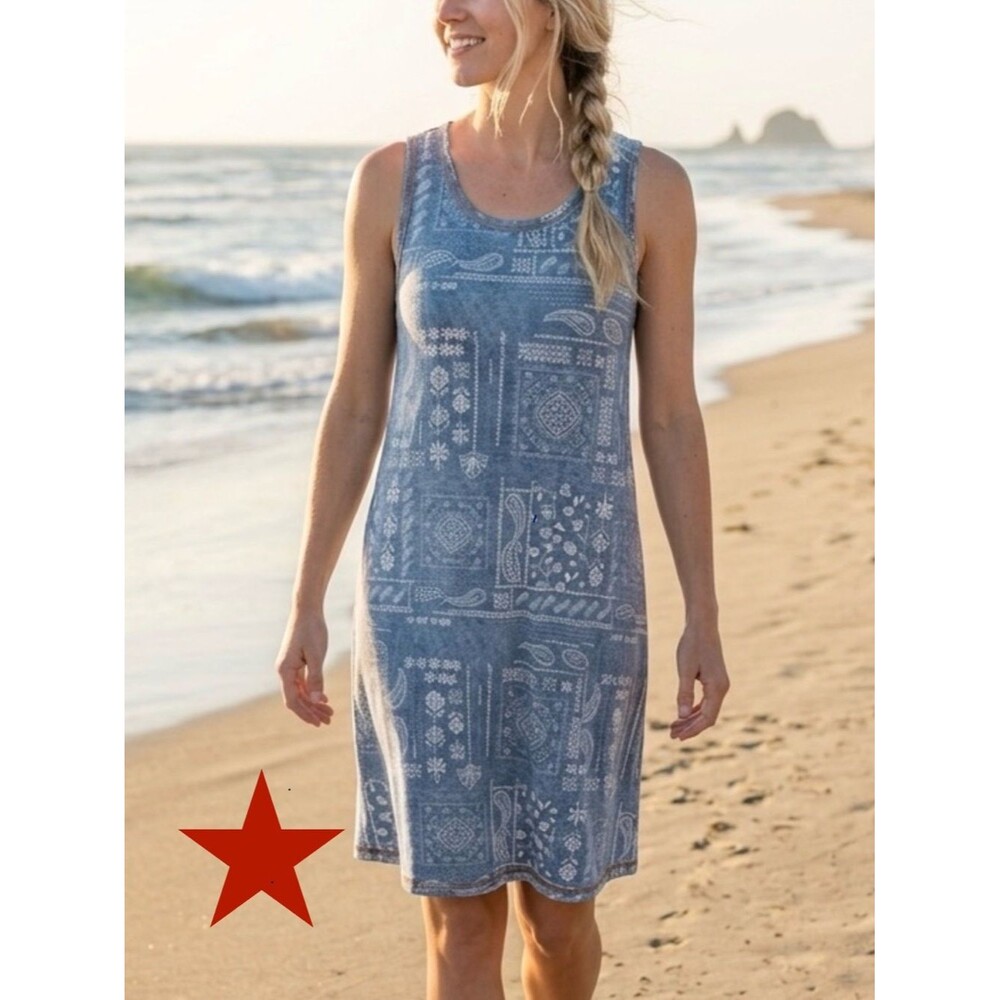 Hem & Thread Blue and White Paisley Tank Dress with Racer Back sz MED